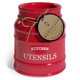 Barnyard Designs Ceramic Farmhouse Utensil Holder for Kitchen Counter, Large Rustic Utensil Crock, Countertop Cooking Tool Spatula Organizer, 6.75” (Red)