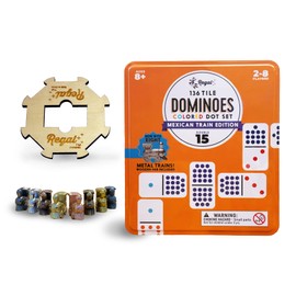 Regal Games - Mexican Train Dominoes Game Set - Double 15 Colored Dot Dominoes - 8 Metal Trains, 136 Tiles, Wooden Hub, Collector’s Tin - Fun Family-Friendly Game - for 2-8 Players