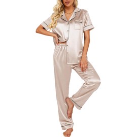 Ekouaer Silk Satin Pajamas Set Women Two-Piece Nightwear Short Sleeve Sleepwear Soft Button Down Loungewear Pjs Set Champagne