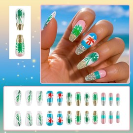 24 Pcs Summer Press on Nails Medium Coffin Square,LINMEIZAI Beach Fake Nails Press ons Nail Tips Glue on Nails Full Cover Acrylic Nail Art Kit False Nails with Glitter Coconut Tree Design for Women