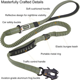 AinuScinsYoe Heavy Duty Dog Leash - Tactical High Bungee Reflective Leash for Medium and Large Dogs, 4-6 Ft, with Frog Clip, 2 Handles, and Seatbelt Clip, Military Green