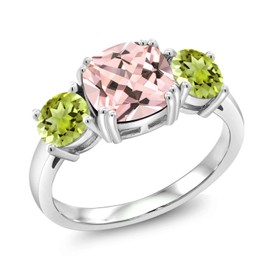 Gem Stone King 925 Sterling Silver Peach Nano Morganite and Green Peridot 3 Stone Engagement Ring For Women (3.10 Cttw, Gemstone October Birthstone, Cushion 8MM, Size 6)