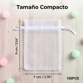 100 Bolsas de Organza Transparente 7x9 cm para Dulces, Joyería y Regalos Bolsitas de Tela con Cordón, Ideales para Recuerdos de Boda, Bautizo, Primera Comunión y Fiestas (Blanco)