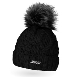 Neverless Lined Women's Knitted Hat with Fur Pom and Fleece Lining, Faux Fur Winter Hat, Bobble Hat, Julie Black