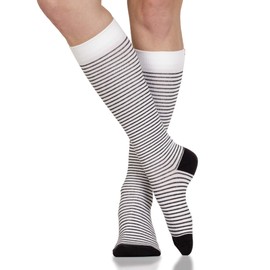 VIM & VIGR 30-40 mmHg Medical Grade Compression Socks for Women & Men (Cream & Black Pinstripe, Medium/Large (2))