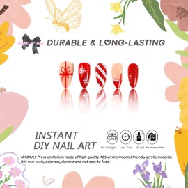 Christmas Press on Nails Short Almond MABKJLF Red Fake Nails Winter False Nails with Designs Christmas Hat Snowflake Glossy Glue on Nails Xmas Acrylic Nails for Women Girls 24 Pcs