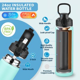 Insulated water bottle with Straw,24oz Stainless Steel Water Bottle for Adult Kids,Double Wall Vacuum Wide Mouth Insulated Water Bottle for Sports,BPA-free and Leak-proof（24oz,Matte Mint）