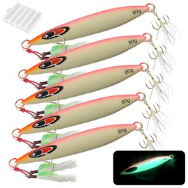 Deep Sinking Sea Fishing Lures, LULUWA 80g/100g/120g/150g/200g/250g/300g Hard Metal Sea Spinner Fish Bait Perfect for Ribbon Fish and Tuna Salmon Grouper Cod & Jigging Lure (11.4cm-80g-5pcs)