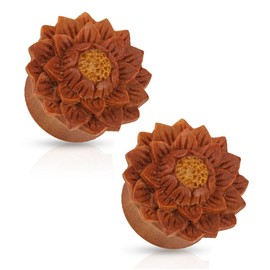 Pierced Owl Lotus Flower Hand Carved Organic Jackfruit Tree Saddle Fit Plug Gauges, Sold As Pair (10mm (00GA))