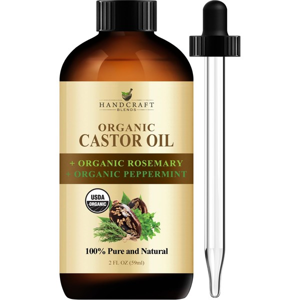 Handcraft Organic Castor Oil with Organic Rosemary Oil and Organic Peppermint Oil in Glass Bottle - 100% Pure and Natural Hair Oil for Hair Growth, Eyelashes and Eyebrows - Moisturizing Oil - 2 Fl. Oz