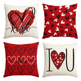 AVOIN colorlife I Love U XOXO Valentine Hearts Throw Pillow Covers, 20 x 20 Inch Love Wedding Cushion Case Decoration for Sofa Couch Set of 4
