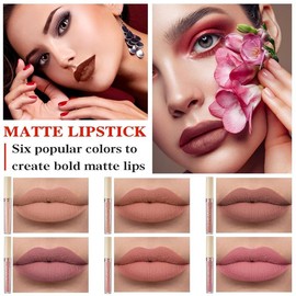 6 Colors Matte Nude Lipstick Set Liquid Lipstick Velvet Lip Gloss Lip Stain Long Lasting Waterproof Nude Pink Lipstick Set for Women Lip Makeup (SET-B) Cosmetic Glossy - Color: 02 Nude