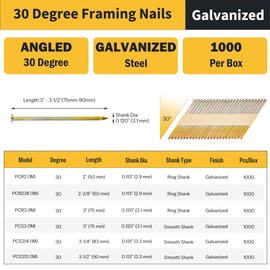 meite 30 Degree Framing Nails 3-1/2 Inch x .131-Inch, Galvanized Coated, Paper Tape Collated, Offset Round Head Smooth Shank Framing Nails for 30-34 Degree Framing Nailers (1,000 Counts)
