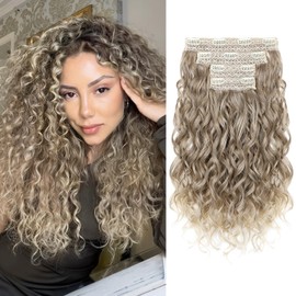REECHO Curly Hair Extensions, 4PCS 16 inch Clip in Hair Extensions Lace Weft Short Curly Extension Clip Ins Invisible Natural Hairpieces for Women, Glazed Mocha to Blonde