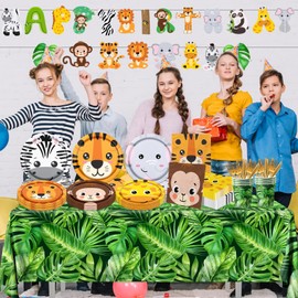 144Pcs Jungle Safari Birthday Plates,Safari Animal Tableware Set Zoo Theme Birthday Paper Decorations Zoo Animal Face Plates,Wild Leaf Tablecloth for Baby Shower Jungle Safari Theme Party