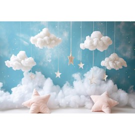 YongFoto Cute Sky Clouds Star Blue Backdrop 8x6ft Kids Photography Background Boy Girl Birthday Baby Shower Cradle Ceremony Party Banner Child Portrait Photoshoot Wallpaper Photo Studio Booth Props