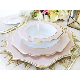 " OCCASIONS " 240 PiecesBowls Pack, Heavyweight Disposable Wedding Party PlasticBowls (14 oz SoupBowl, Imperial White/Blush & Gold)