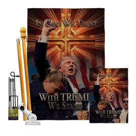 Ornament Collection in God We Trust Trump Flag Kit Stand Pole Burlap Wall Hanging Home Poster Make America Again 2024 President 47 MAGA Yard Sign Patriotic Decoration, Republican Gifts Made in USA