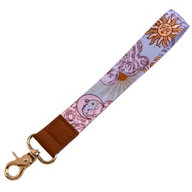 BKBKAAK Purple Sun Leather Wrist Keychain – Cute Wristlet Lanyard Key Chain, Key Lanyard with Metal Clasp for Keys & Badge Holder, Occult Aesthetic Accessories for Women, Girls, Kids