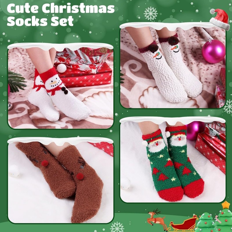 Zoylink 4 pcs fluffy socks, cuddly Christmas socks, cute cartoon,