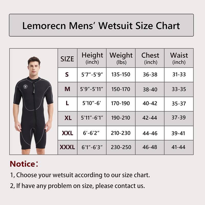 Lemorecn Wetsuits Mens Front Zip Neoprene 3mm Shorty Diving Suit(CA3016black-3XL)
