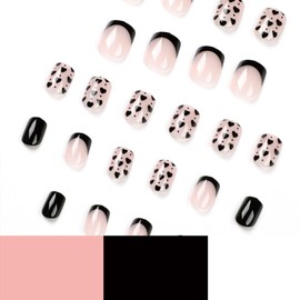Black French Tip Press on Nails Short Square Valentine's Day Fake Nails False Nails with Black Heart Design Full Cover Acrylic Nails Glossy Glue on Nails Artificial Stick on Nails for Women 24 Pcs