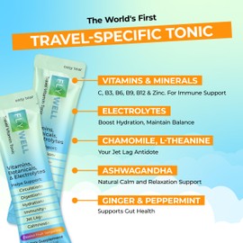FlyWell Travel Vitamin Tonic for Flight, Jet Lag, Hydration, Circulation, Digestion & Immune Support, Promotes Calmness, Electrolyte Powder, Travel Essentials, Passion Fruit Tangerine, 15 Sticks