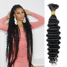 Boho Braids Human Hair,Deep Wave Bulk Human Hair For Braiding,Curly Human Hair for Boho Braids,Human Hair for Boho Knotless Braids,Boho Hair for Braiding,Natural Black Color(50g/Pack, 24 inch)