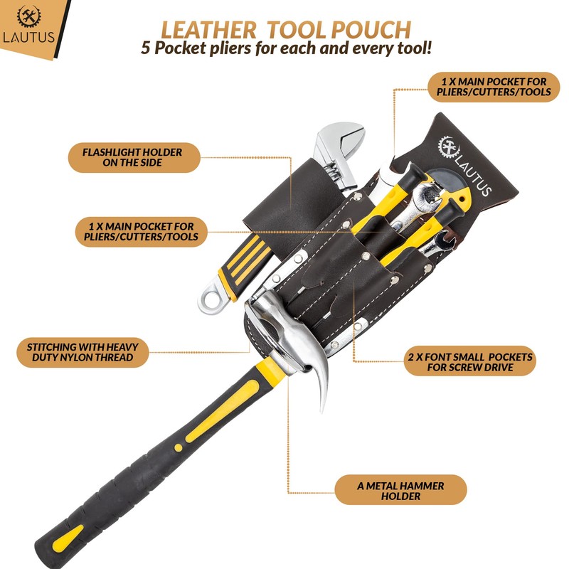 LAUTUS 5 Pockets Pliers & Hammer Holder| Oiled Tanned Leather