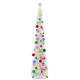 N&T NIETING Pop Up Christmas Tree with Lights & 40 Balls, 6Ft Collapsible White Tinsel Christmas Tree Decorations, Pencil Christmas Tree Skinny Christmas Tree for Holiday Xmas Home Office Decor
