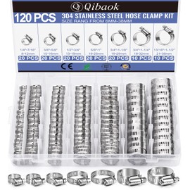 Hose Clamp- Qibaok 120 PCS Stainless Steel Hose Clamps Assortment Kit 1/4''–1-1/2'' Worm Gear Clamps for Fuel Line, Plumbing, Automotive, Mechanical Applications, Pipe, Tube, Radiator, Garden