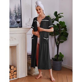 Ekouaer Women Zipper Robes Knit Short Sleeve House Coat Soft Bathrobe Full Length Housecoat Dressing Gown with Pockets