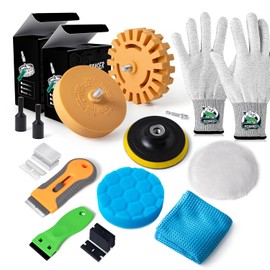 FOSHIO Decal Remover Eraser Wheel Tool Kit, Fabric Polishing Buffing Pad & Sponge Pads for Drill, Scraper Tool with 10pcs Plastic Blades & 10pcs Metal Blades. Waffle Cleaning Towel, Vinyl Wrap Gloves