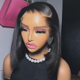 BEEOS 13x4 Full Frontal HD Lace Wig Pre Plucked Straight Bob Human Hair Wigs Bleached Knots 180% Density 0.10mm Ultra-thin Invisible Skinlike Real HD Lace 16 Inch