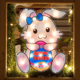 LAMPHOME 17" Lighted Easter Egg Window Silhouette，Bunny with Egg Easter Lighted Window Decoration