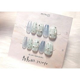 [In-store special discount]Pastel blue ribbon heart point handmade nail tips - Coffin Egg / [입점초특가할인]파스텔블루 리본하트포인트 수제네일팁 - 코핀에그