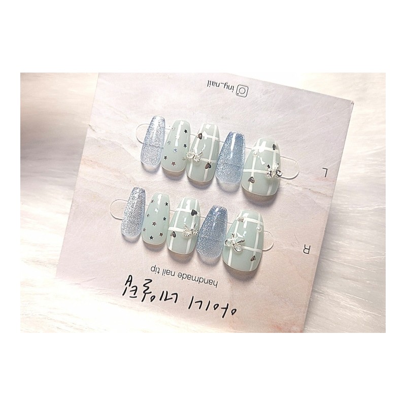[In-store special discount]Pastel blue ribbon heart point handmade nail tips