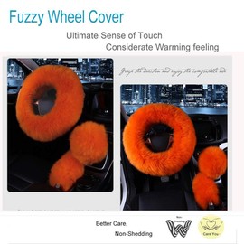 Younglingn Car Steering Wheel Cover Gear Shift Handbrake Fuzzy Cover 1 Set 3 Pcs Multi-Colored with Winter Warm Pure Wool Fashion for Girl Women Ladies Universal Fit Most Car（Orange）