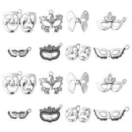Ipotkitt 80 Pcs 8 Style Vintage Alloy Mardi Gras Mask Charms Antique Silver Masquerade Mask Themed Charms for DIY Crafts Making