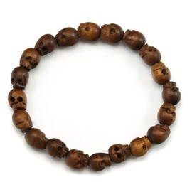 Spyglass Designs Men's Skull Bracelet Brown Wooden Carved Mala Beads Man's Male Stretchy Adjustable, 8"