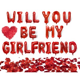 Will You Be My Girlfriend Balloons - 16 Inch Letter Balloons with 1000pcs Artificial Petals, Be My Girlfriend Proposal Balloons Decorations for Valentines Day Proposal Party