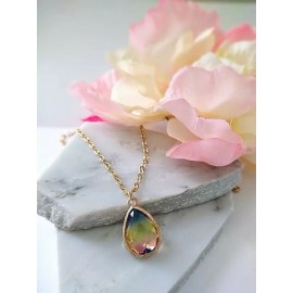 Bad Apple Designs Faceted Pink, Yellow, Blue Glass Teardrop Gold Chain Necklace, Minimalist Dainty