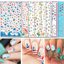 TailaiMei TailaiMei Summer Beach Nail Stickers, 1500+ Pcs Self-Adhesive DIY Nail Art Decals Shark Nautical Turtle Design (12 Sheets)