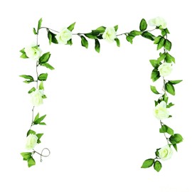 Artificial Rose Vine, 2 Pack 7.5FT Fake White Flower Garland with Green Leaves, Hanging Silk Rose Vines for Wedding Arch Party Home Garden Wall Decor