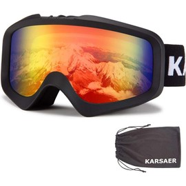 FEISEDY Karsaer Ski Goggles Anti-Fog Snow Goggles OTG 100% UV Protection Snowboard Goggles Bendable Dual-Lenses for Men Women Youth B7012 - Color: Matte Black Frame Red Mirrored Lens Vlt 15%