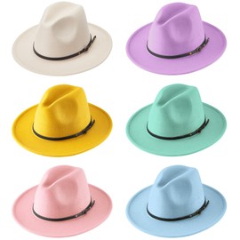 Hercicy 6 Pcs Felt Hats for Women Fall Panama Hat Wide Brim Hat for Burning with Belt Buckle Vintage Decoration Dress Hat(Classic Color,Retro Style)
