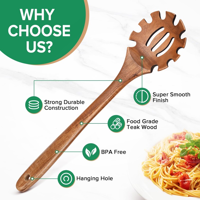 Wooden Pasta Spaghetti Spoon with Teeth, Teak Slotted Pasta Spaghetti