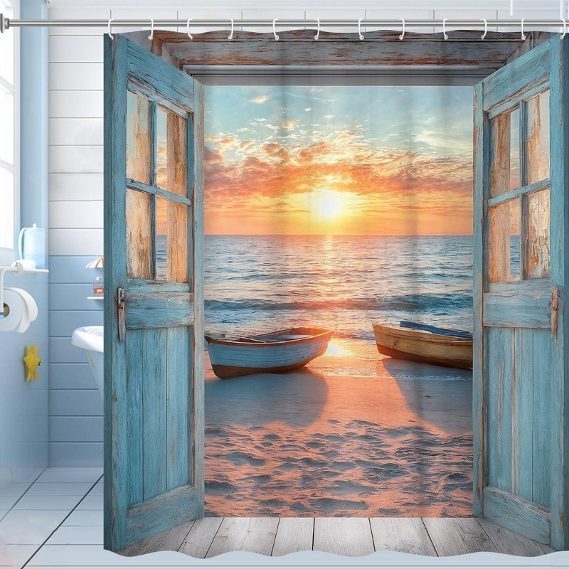 Beach Coastal Shower Curtain, Ocean Sunrise Seascape Nautical Shower Curtains