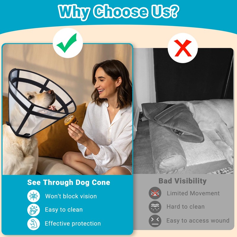 Didopet Dog Cone, Transparent Recovery Collar for Large Medium Small