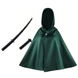 Hallowen 3Sets Green Hooded Cape Costume with Necklace and 32.8''Cosplay Scalable Plastics Sword For Men/Women and Chilldren (L)